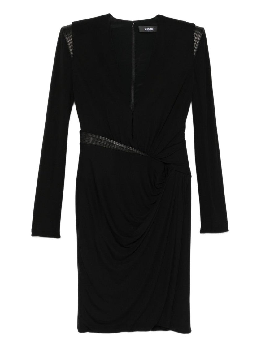 Versace Draped Black Minidress With Quilted Leather Inserts