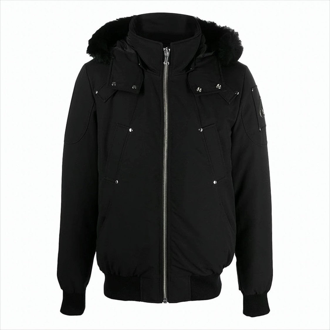 Moose Knuckles Black Padded Bomber Jacket With Fur-Trimmed Hood