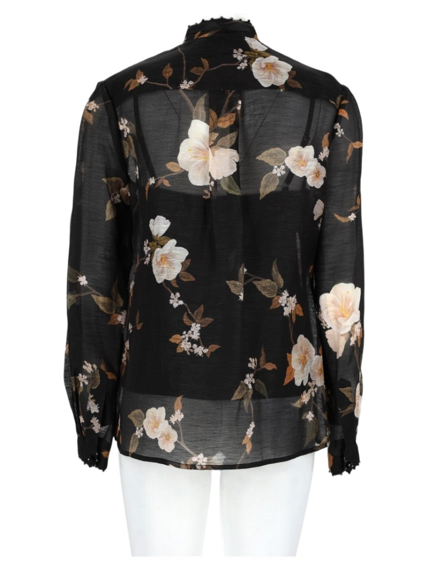 Zimmermann Black Floral Printed Ruffled Linen-Silk Blouse