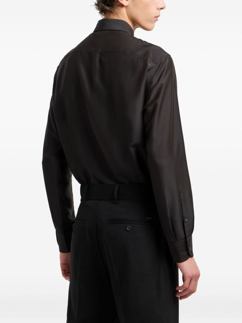 Emporio Armani Silk-Blend Black Casual Shirt With Embroidered Logo