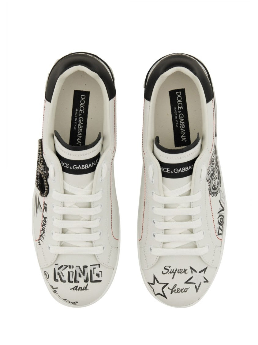 Dolce & Gabbana White Portfino Graffiti Printed Leather Sneakers