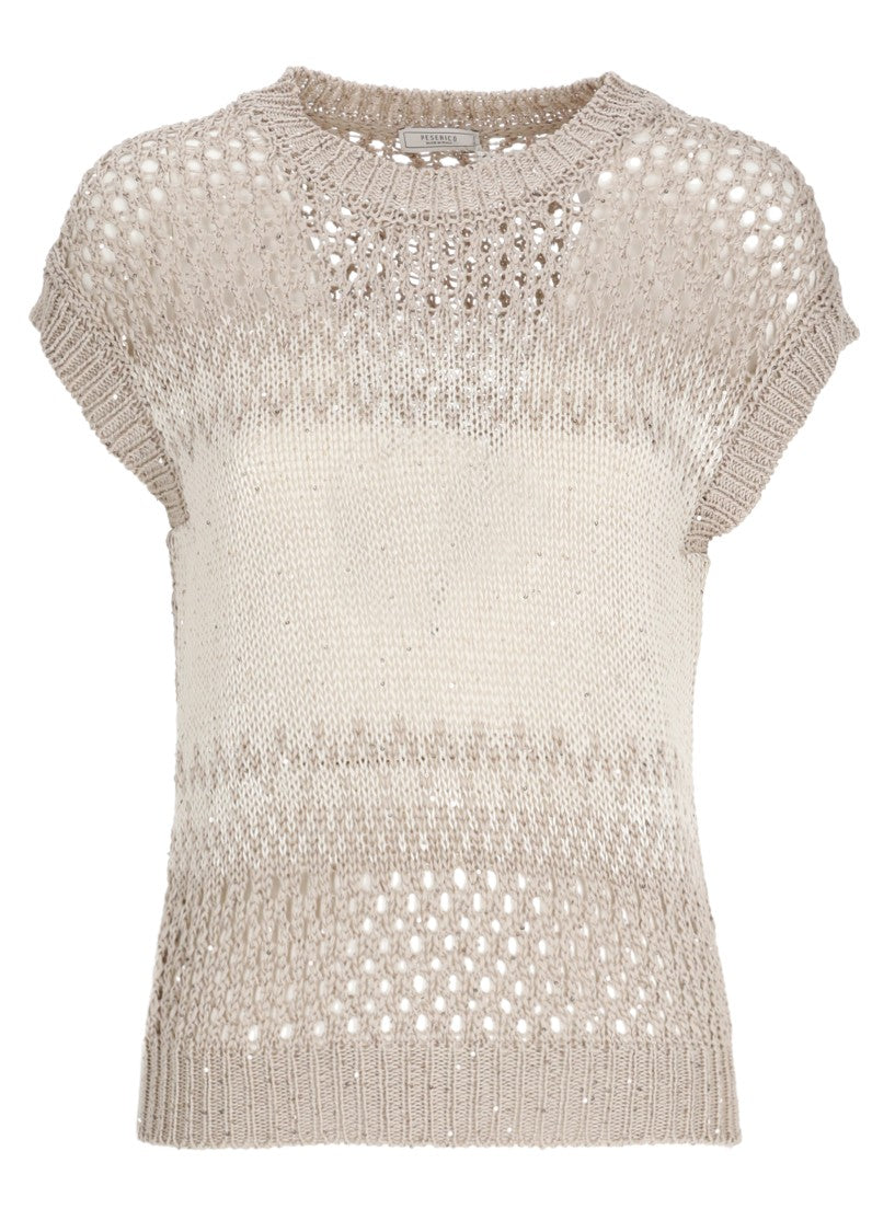 Peserico Ivory Cotton Sequined Perforated Knit Top