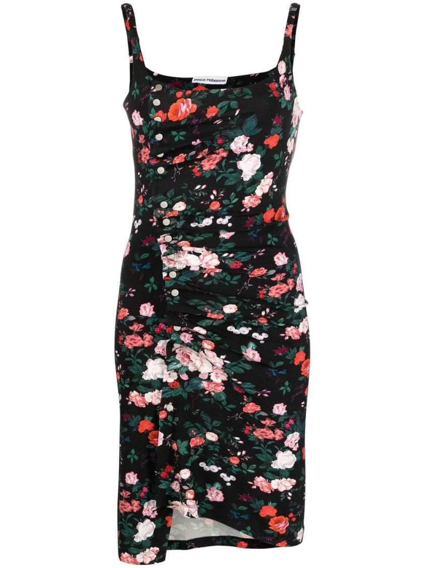 Paco Rabanne Fitted Mini Dress With Floral Pattern And Tank Top Straps