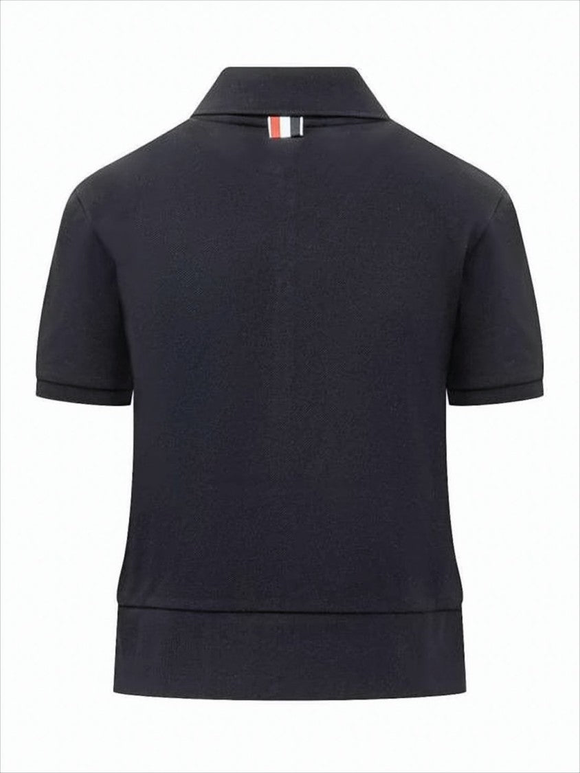 Thom Browne Cropped Black Polo Shirt With Classic Collar And Floral Embroidery