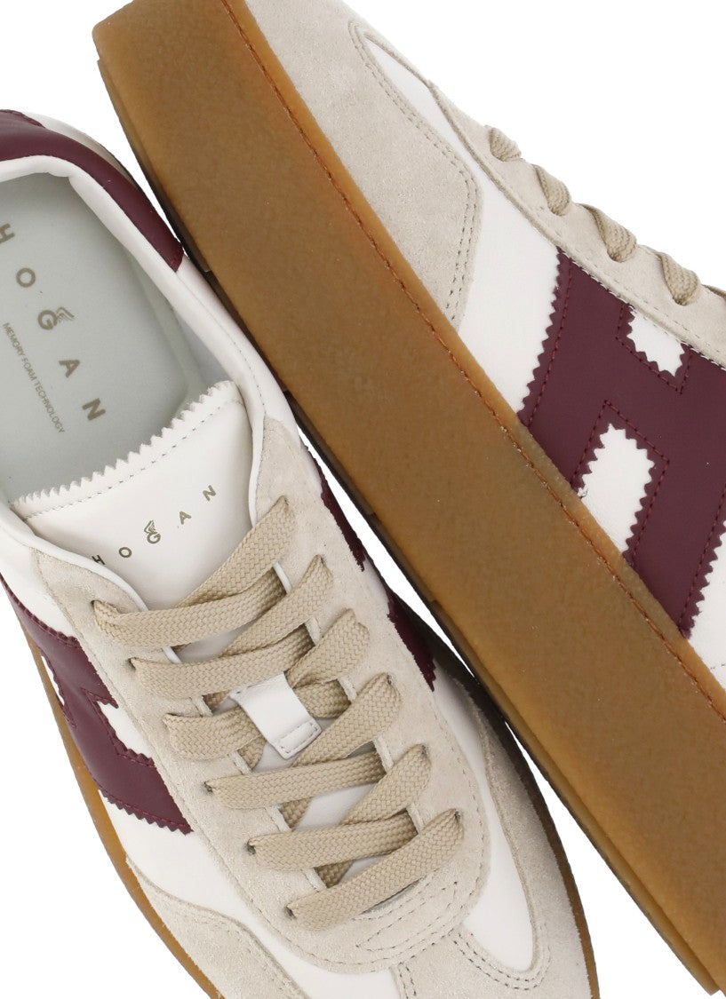 Hogan Ivory Leather Sneakers With Suede Accents And Burgundy Detailing