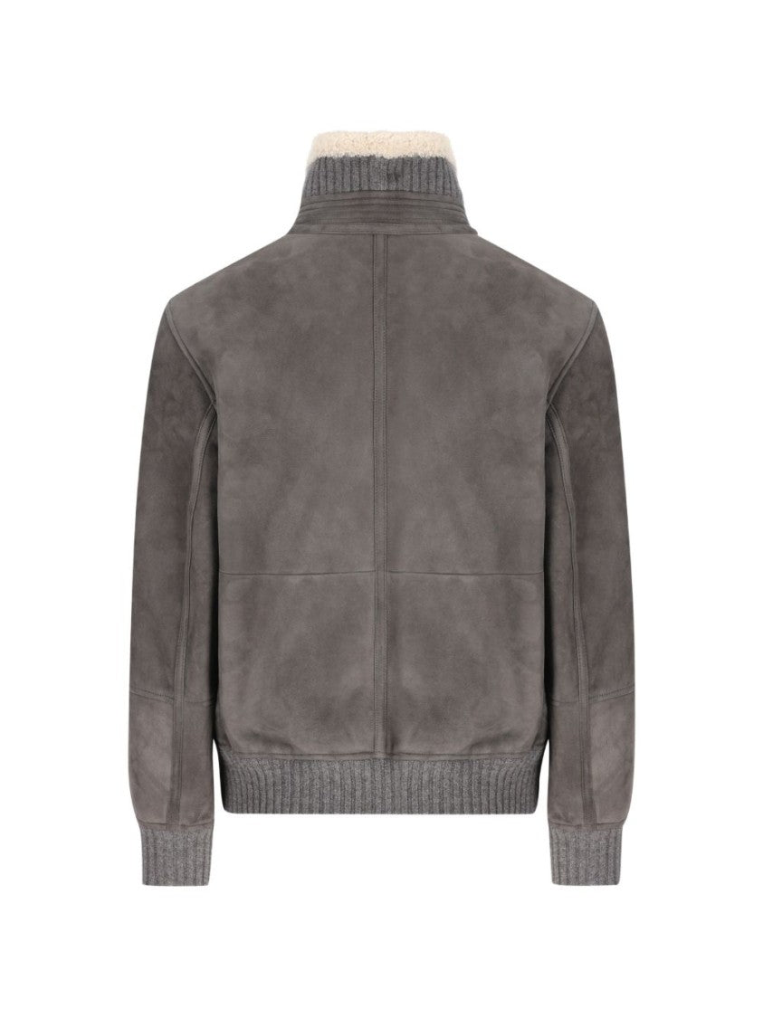 Brunello Cucinelli Brown Zip-Up Sheepskin Collar Bomber Jacket