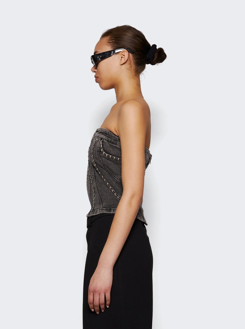Mugler Spiral Denim Studded Bustier Top