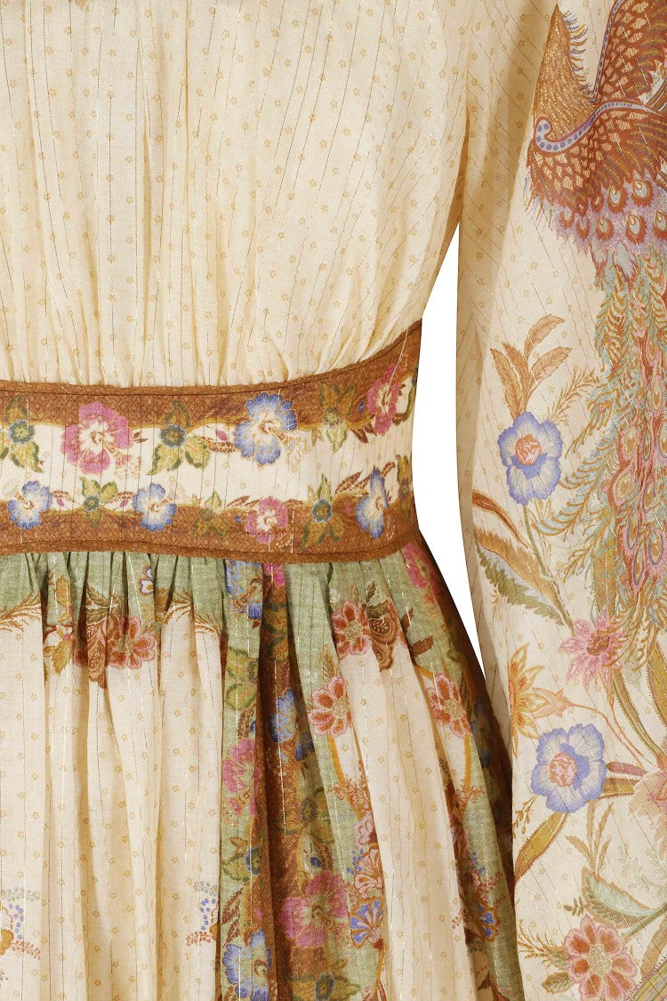 Zimmermann Cream Khaki Indra Waisted Floral Metallic Cotton Maxi Dress