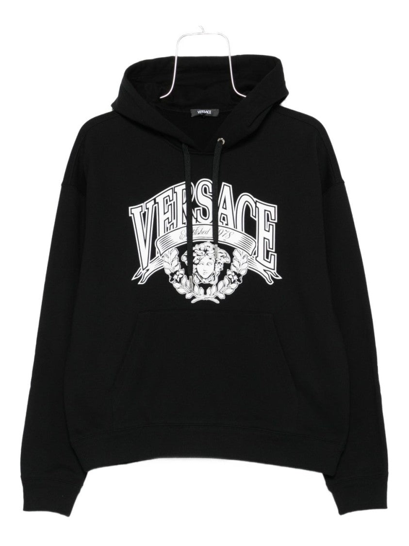 Versace Graphic Print Black Hoodie With Drawstring And Kangaroo Pocket