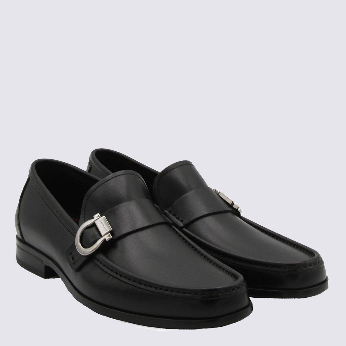 Ferragamo Refined Black Leather Loafers With Silver Buckle Detail