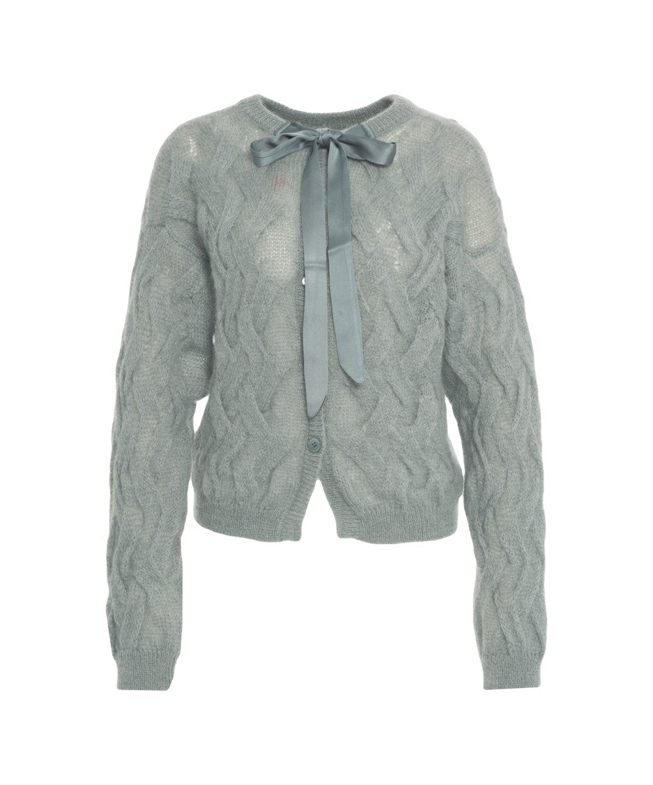 Semi Couture Cropped Gray Cable Knit Cardigan With Satin Bow Detail