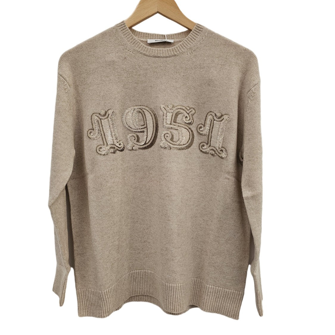 Max Mara Beige Crew Neck Sweater With Elegant Embroidery