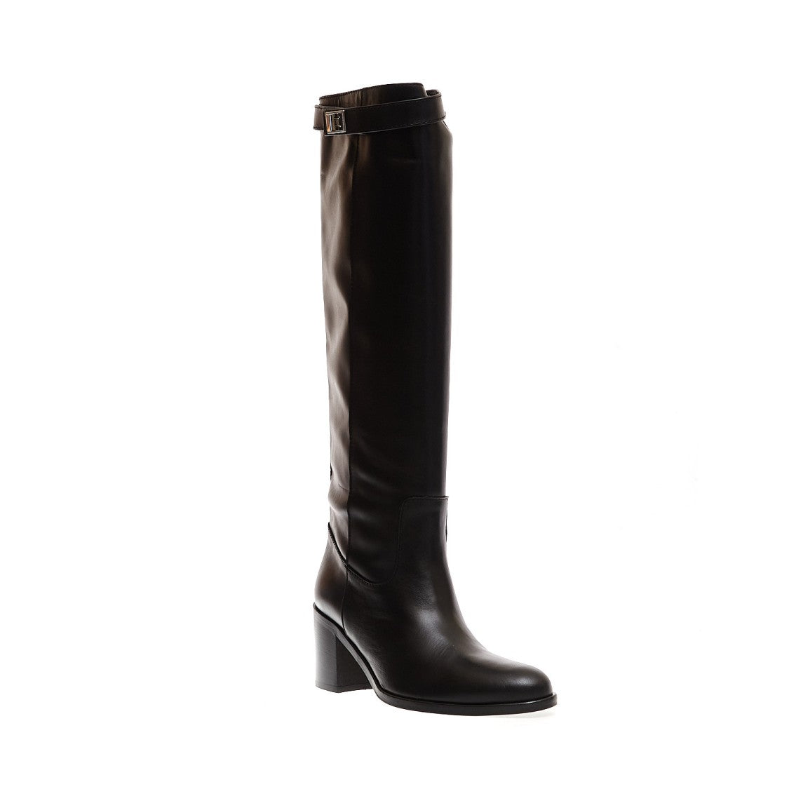 Via Roma 15 Black Leather Boot Buckle Heel