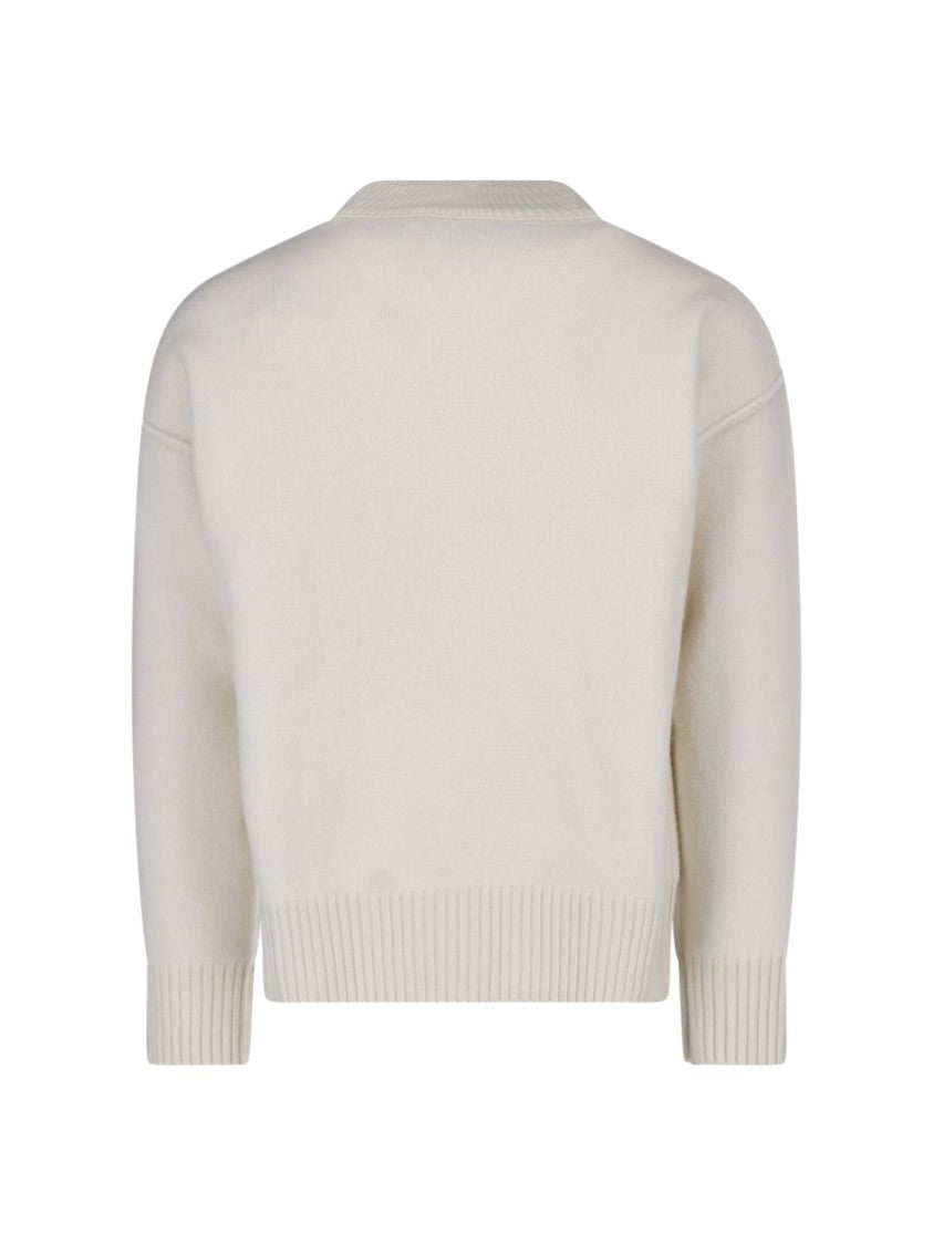 Ami Paris Cream Wool Sweater With Intarsia Heart And Logo Detail