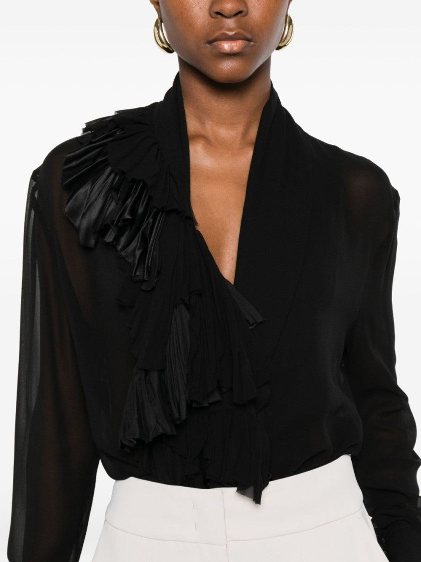 Alberta Ferretti Asymmetrical Ruffle Black Silk Blouse