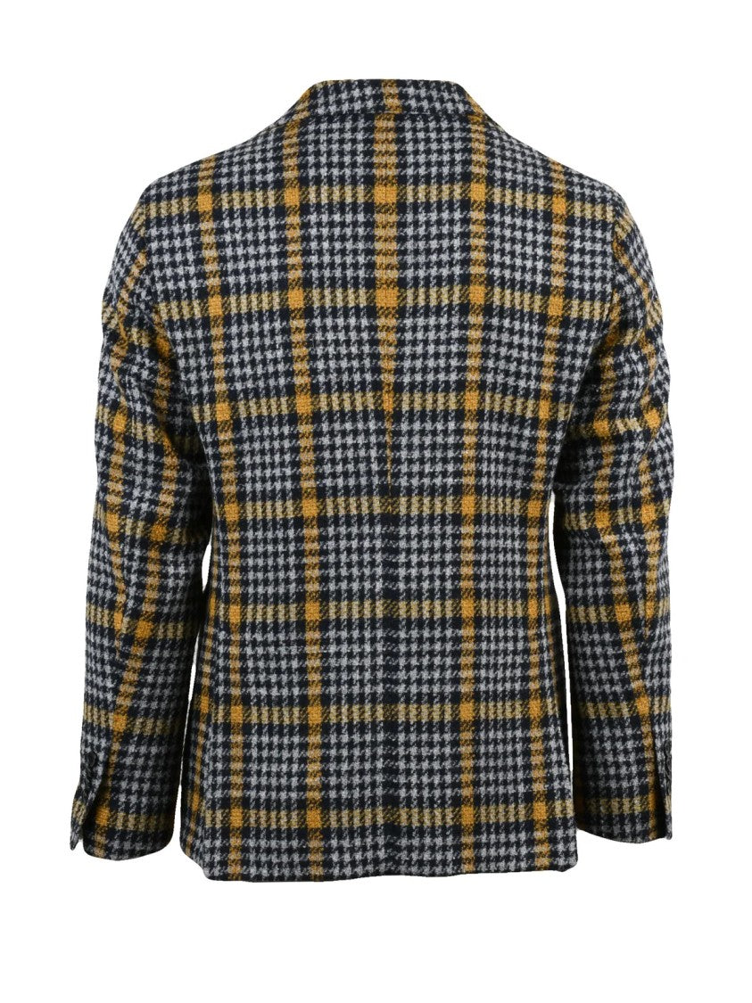 L.B.M. 1911 Tailored Checkered Jacket With Rounded Design In Grey And Yellow