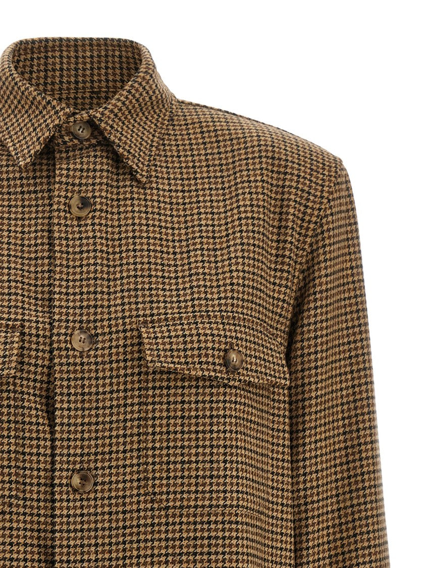 Saint Laurent Oversized Houndstooth Wool Blend Overshirt With Side Slits