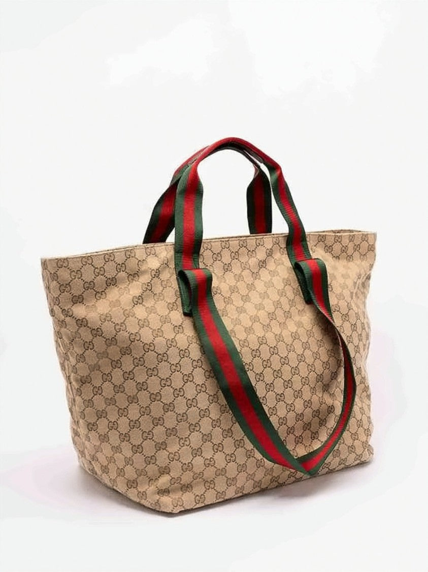 Gucci Monogram Canvas Tote Bag With Signature Stripe Handles