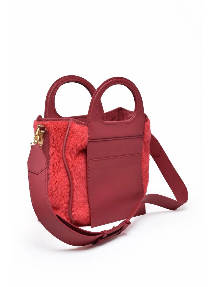 Max Mara Structured Red Leather Shoulder Bag With Plush Shearling Detailing