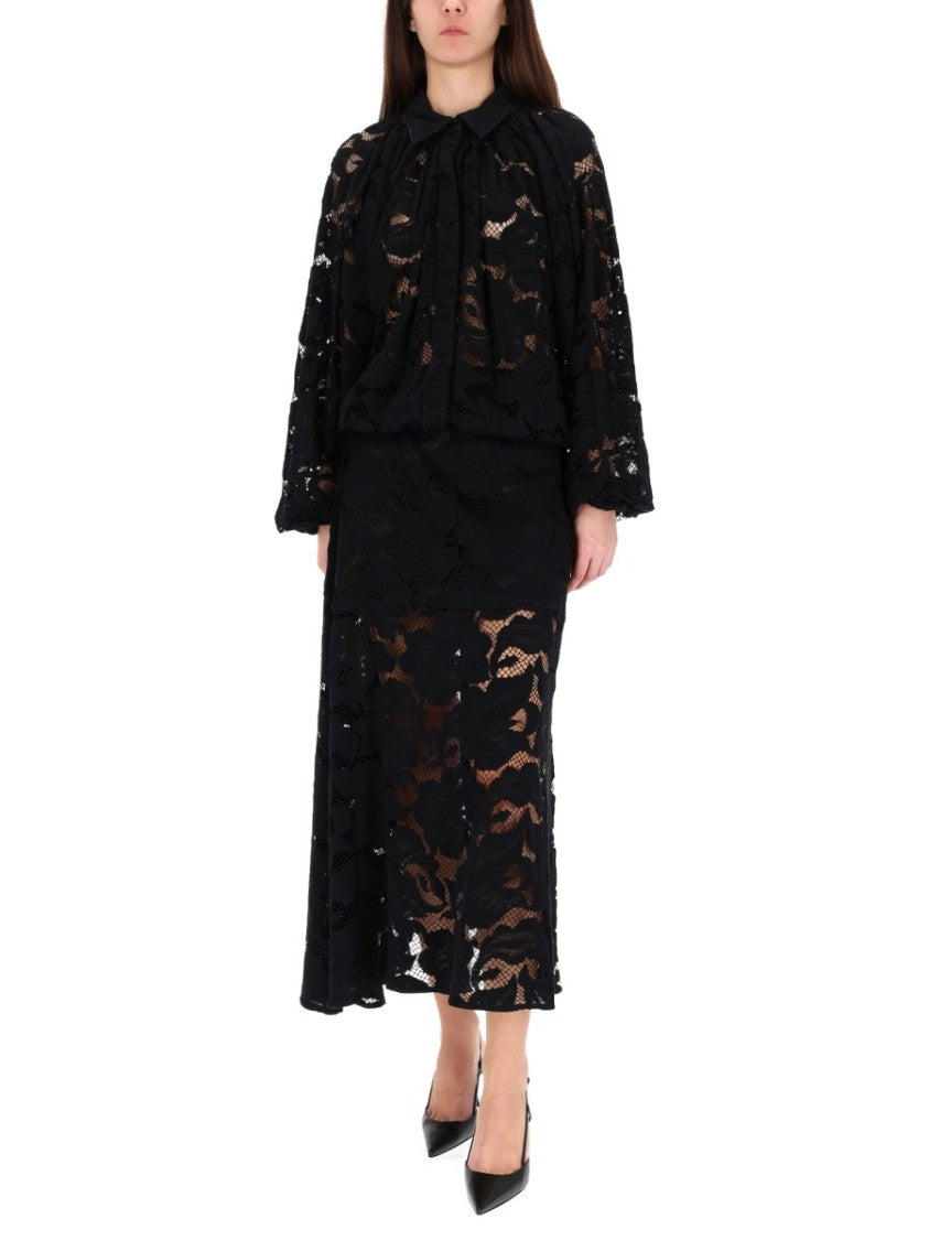 Patou Black Intricate Lace Midi Skirt