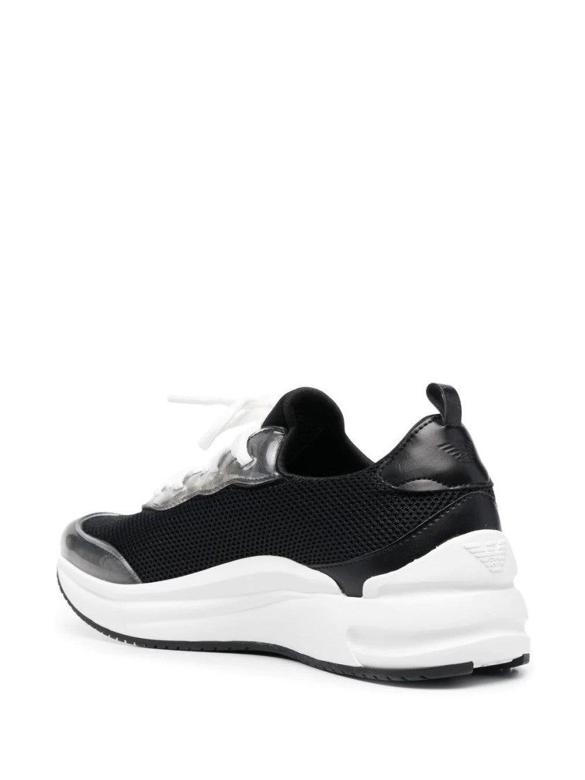 Emporio Armani Sleek Black Mesh Trainers With Glossy Overlays