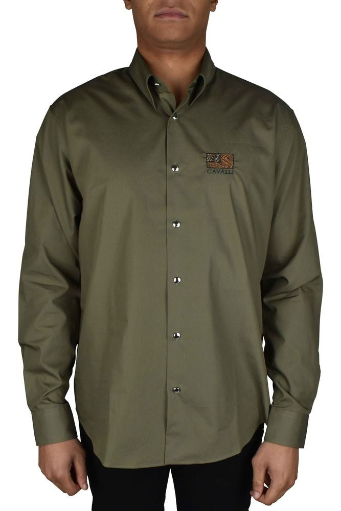 Roberto Cavalli Animal Patchwork Embroidered Khaki Shirt