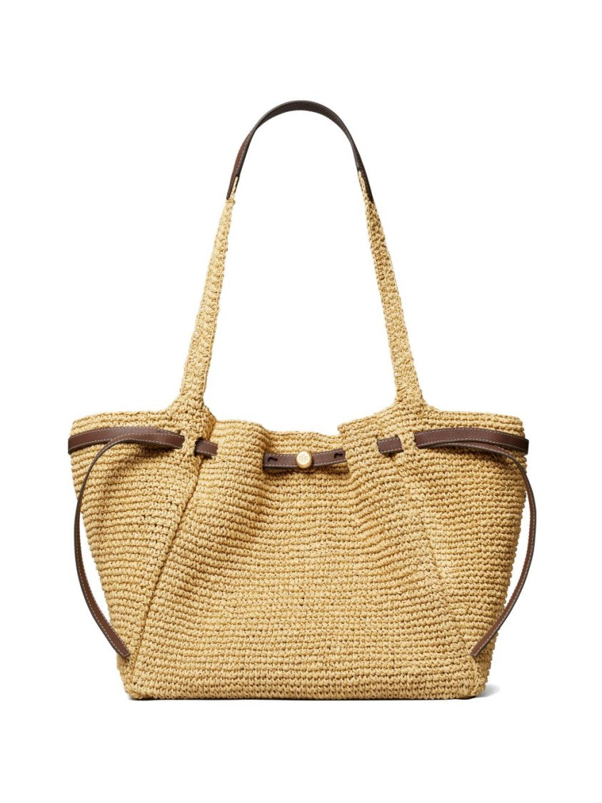 Tory Burch Woven Paper Straw Tote With Leather Trim Accents