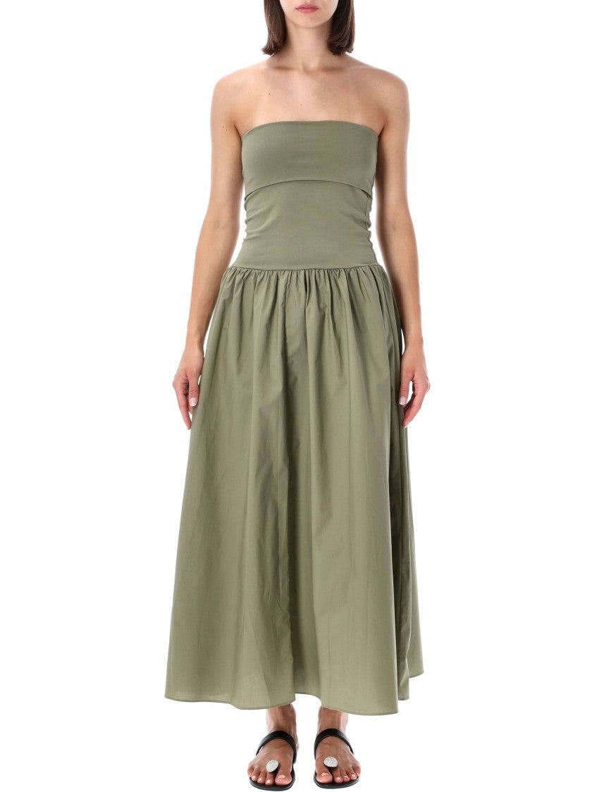 By Malene Birger Strapless Midi Dress With Fitted Bodice And Gathered Skirt
