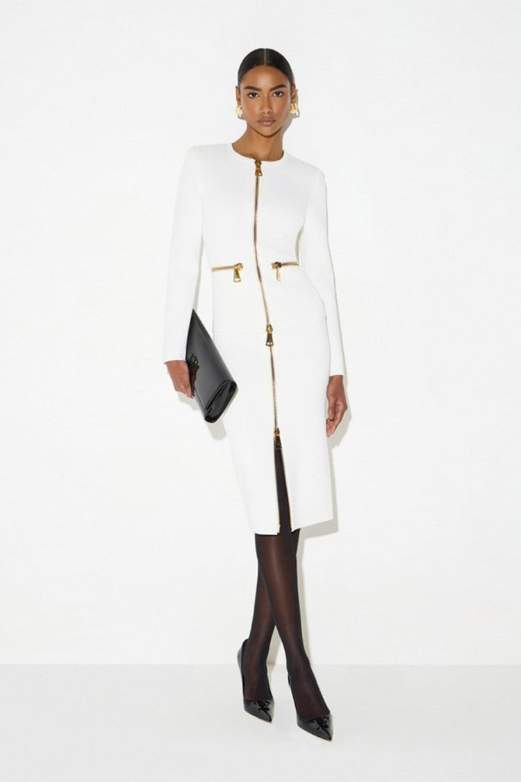 Elisabetta Franchi Ivory Gold Zip Front Hip Pockets Viscose-Blend Sweater
