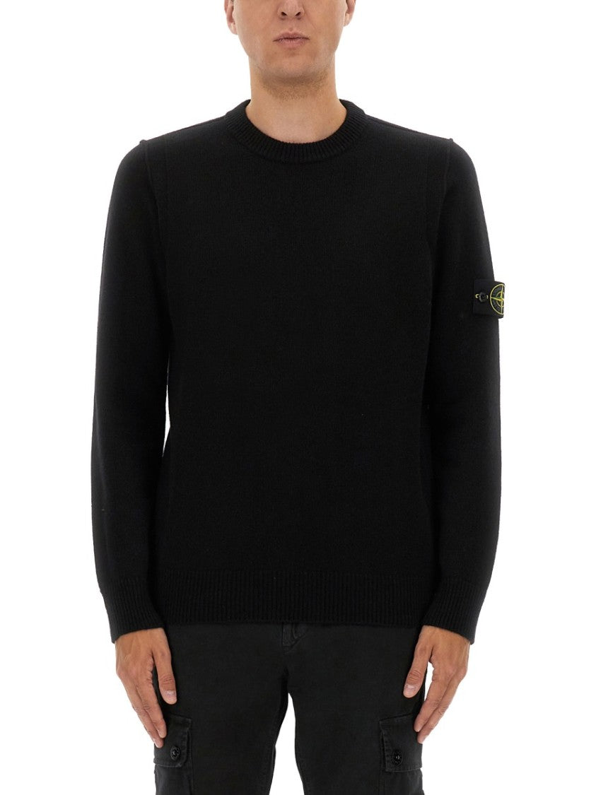 Stone Island Fitted Black Wool Jersey With Crew Neck