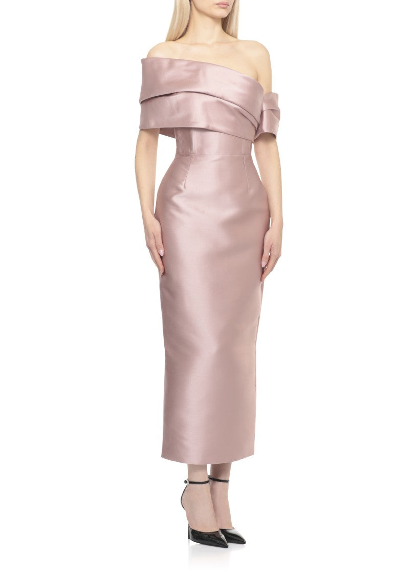 Solace London Midaxi Dress With Off-Shoulder Design And Rear Vent