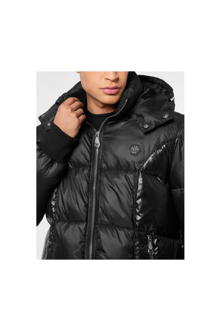 Philipp Plein Black Mixed Matte-Gloss Quilted Hexagon Patch Nylon Down Jacket