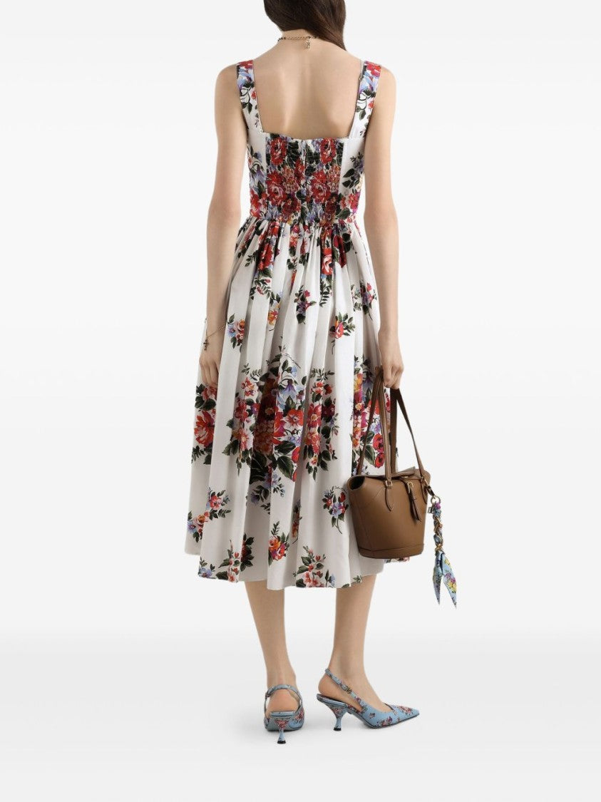 Dolce & Gabbana Floral Midi Dress With Fitted Bodice And Gathered Skirt