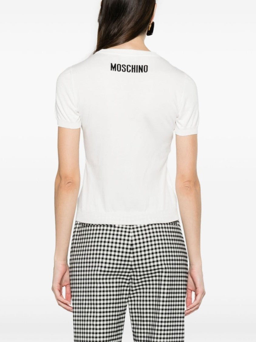 Moschino Intarsia-Knit Short-Sleeve Sweater With Bold Slogan