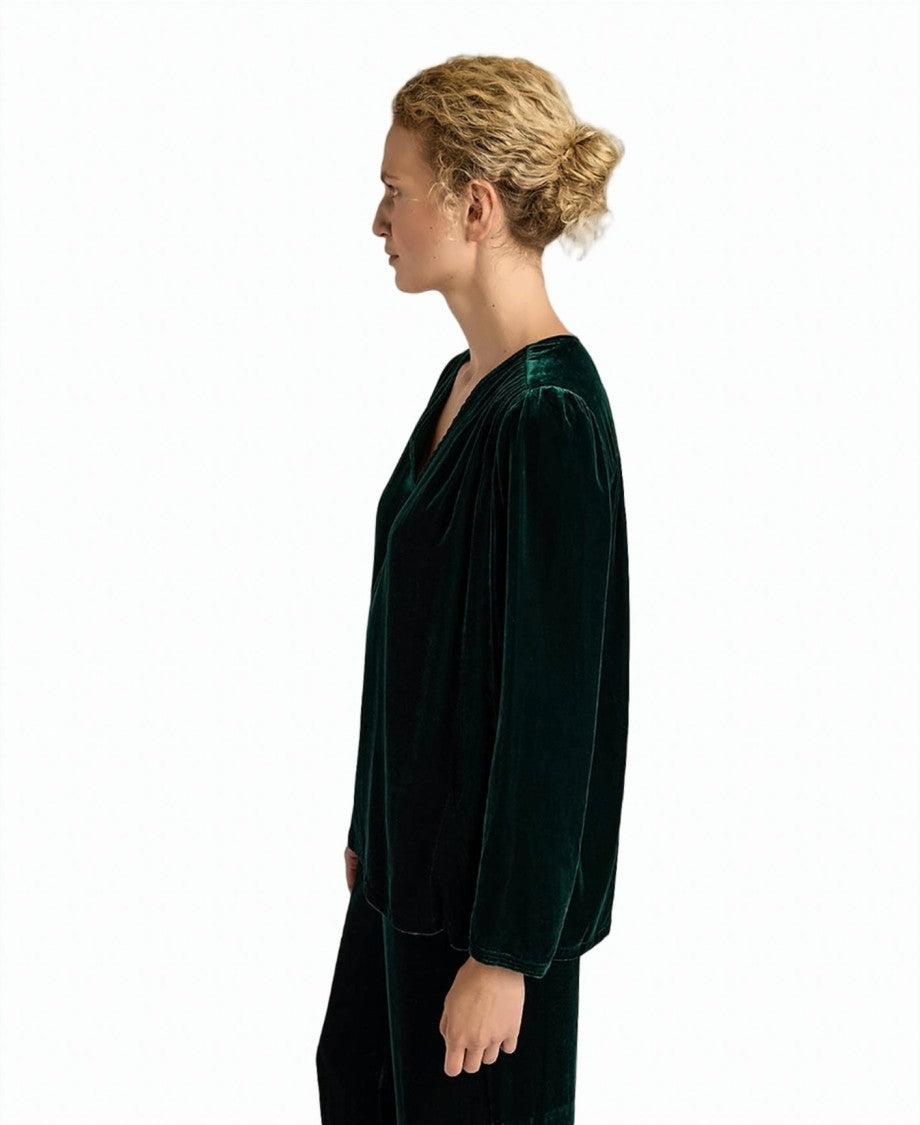 Momonì Apple Long-Sleeve Viscose-Silk Velvet V-Neck Blouse