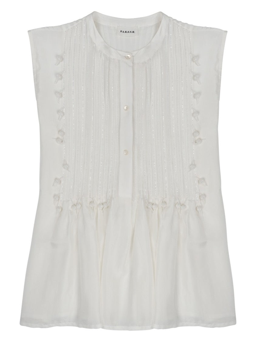 P.A.R.O.S.H. Round Neck Silk Blouse With Pintuck Pleats And Embroidery