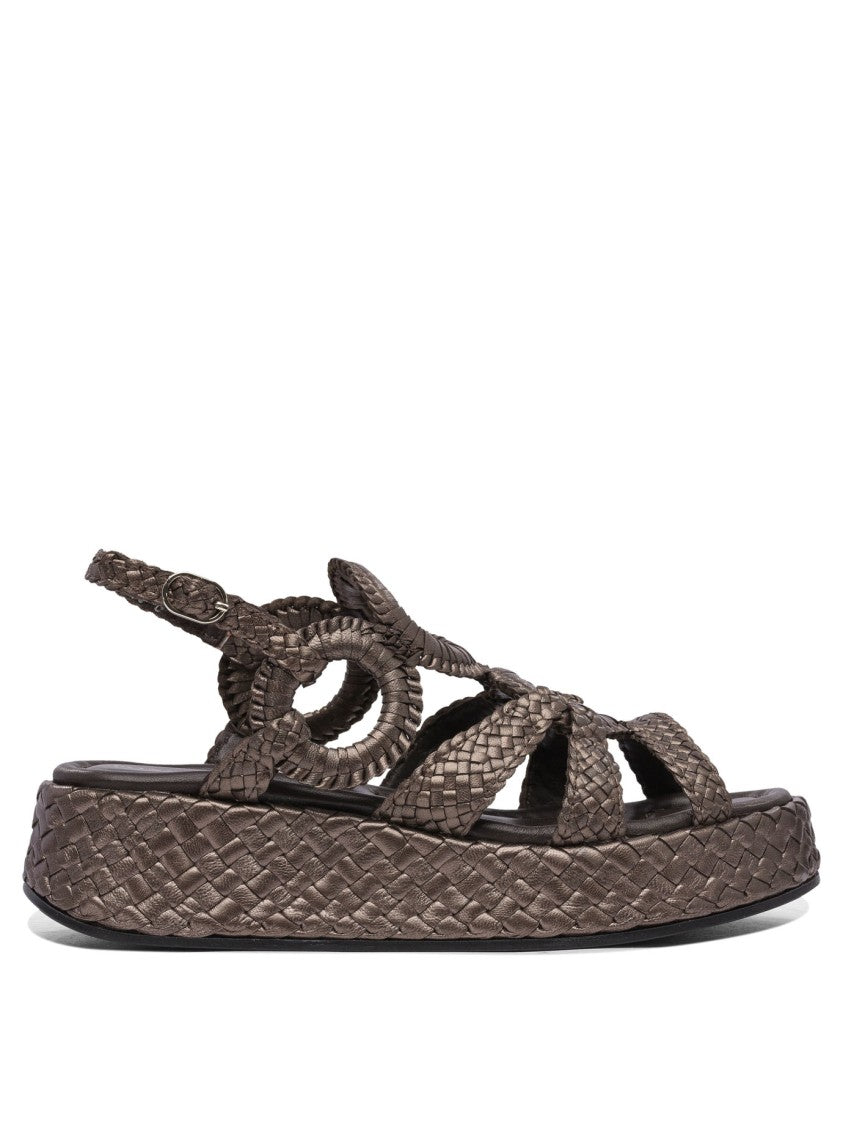 Pons Quintana Brown Woven Platform Sandals With Circular Accent