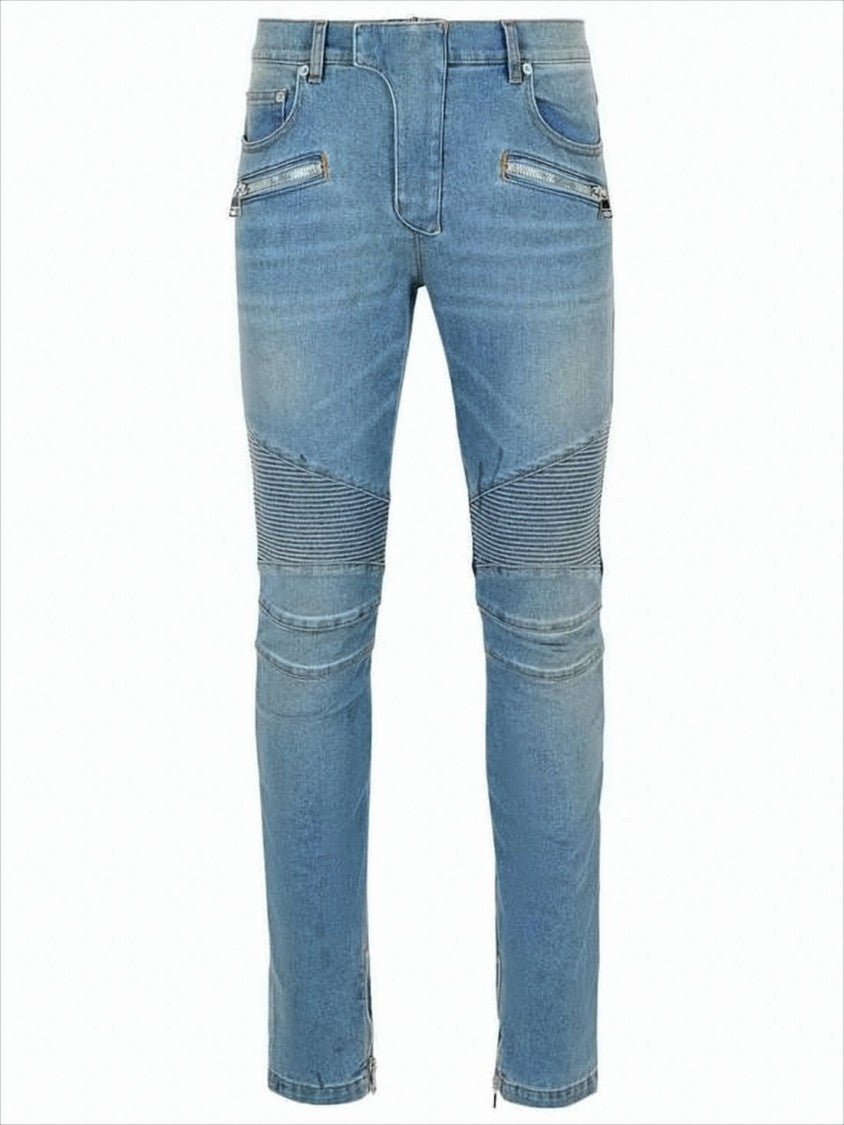 Balmain Light Blue Slim-Fit Denim Pants With Ribbed Detailing