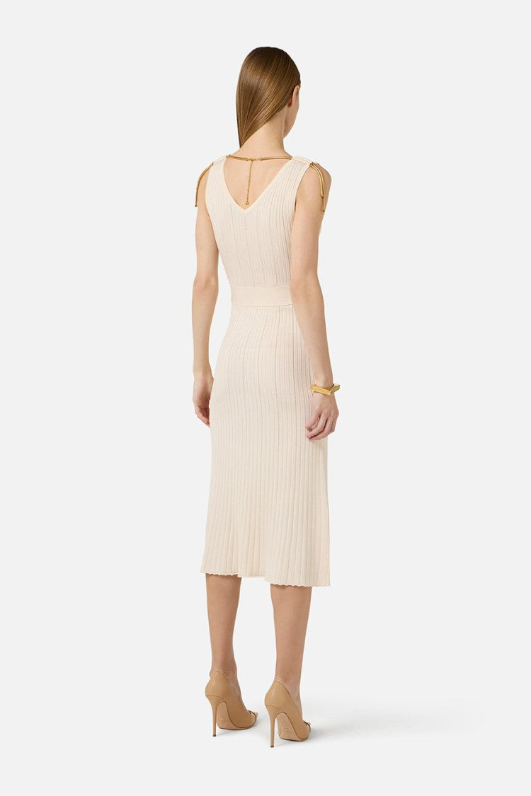 Elisabetta Franchi Butter V-Neck Ribbed Chain Tie Straps Viscose-Blend Midi Dress