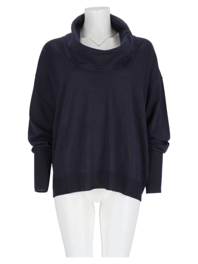 Nude Blue Draped Cowl-Neck Wool Sweater