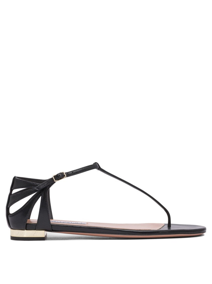 Aquazzura T-Strap Black Leather Sandals