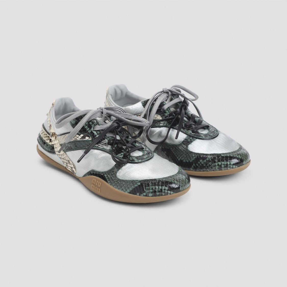Miu Miu Laced Grey Sneakers With Snake-Print Overlays