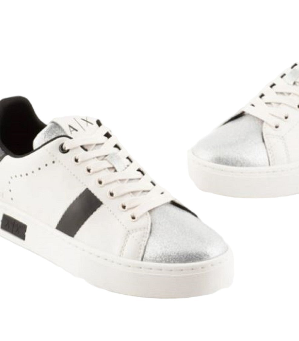 Armani Exchange White Cow Leather Metallic Laced Sneakers