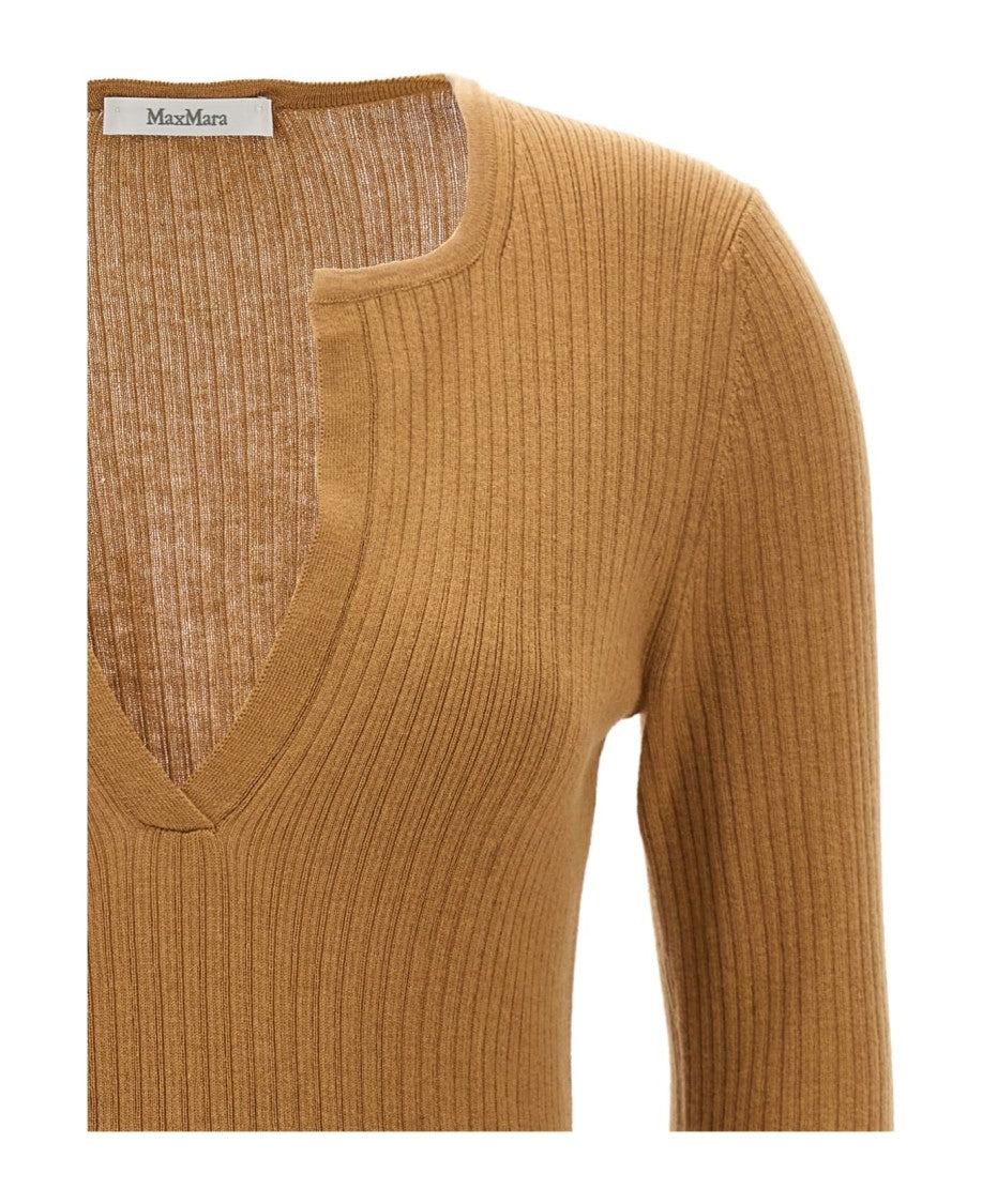 Max Mara Ribbed Cashmere-Silk Blend Sweater With Deep V-Neckline