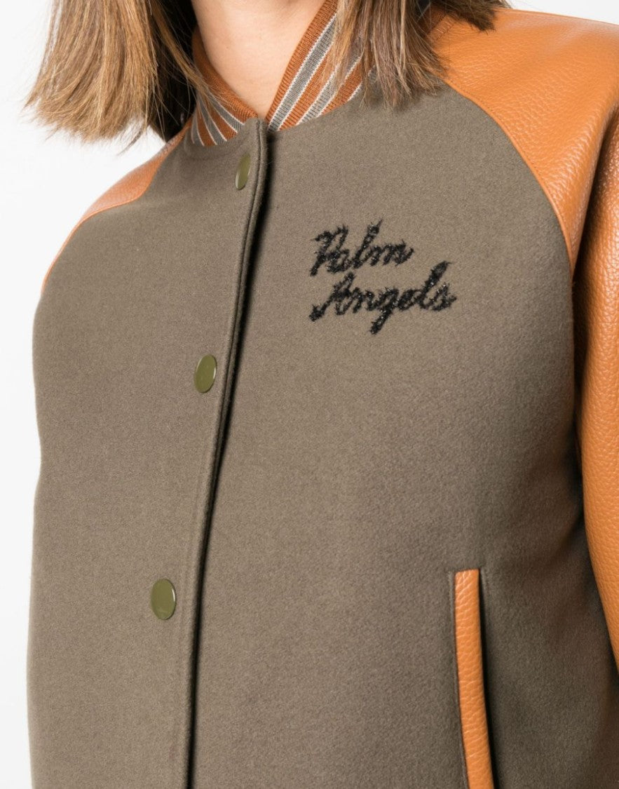 Palm Angels Burning Flames Leather Varsity Jacket