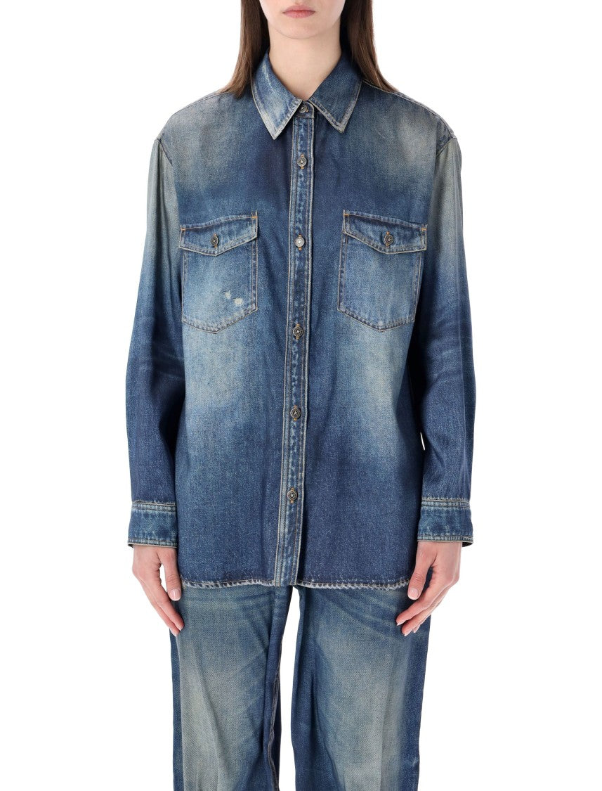 Golden Goose Denim-Effect Print Satin Overshirt With Classic Collar And Patch Pockets
