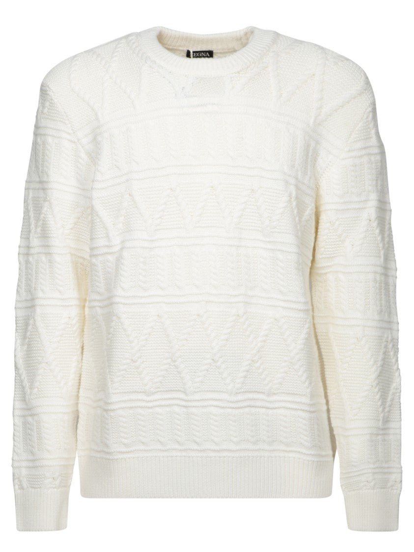 Zegna Textured Pattern White Knit Sweater