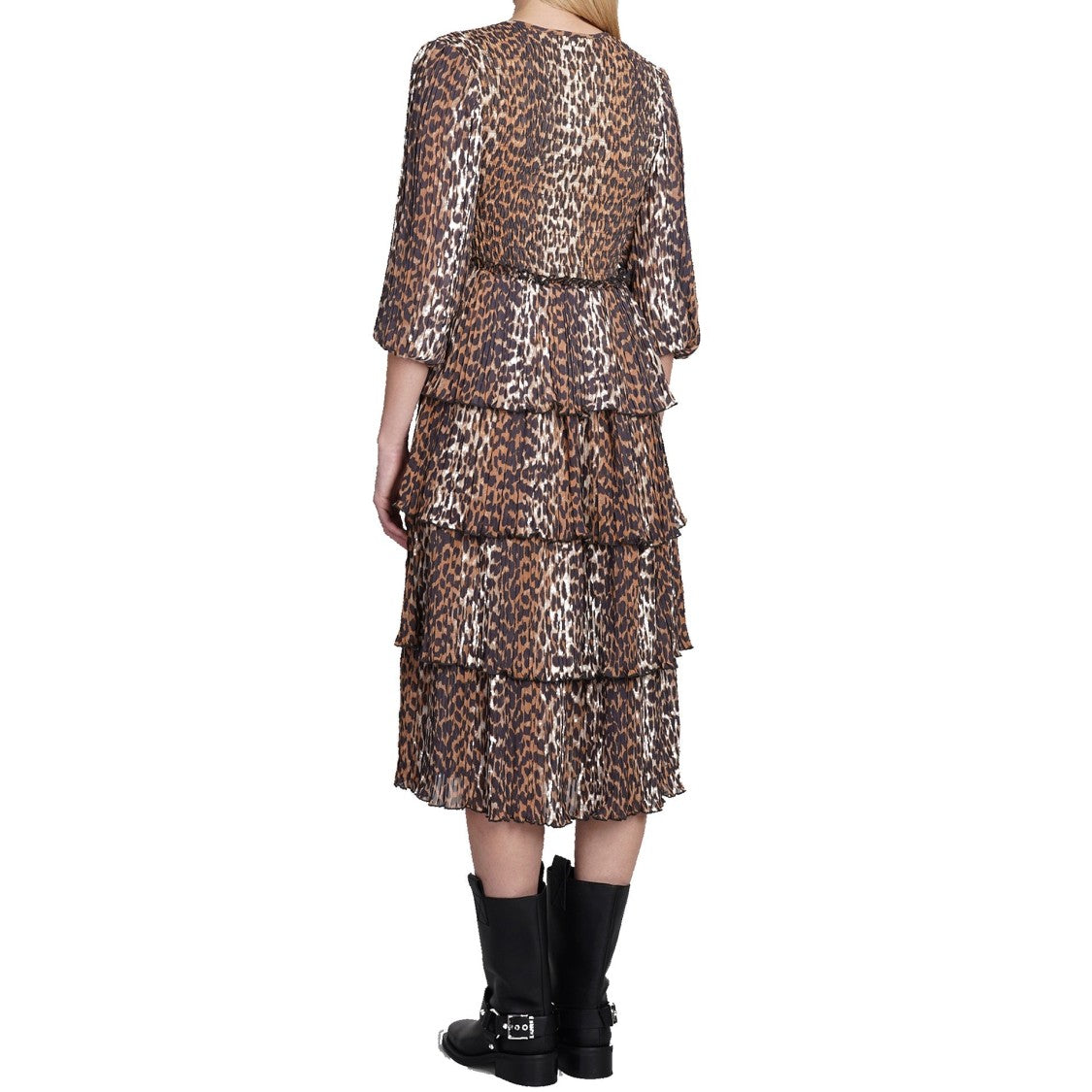 Ganni Pleated Georgette Leopard Midi Dress
