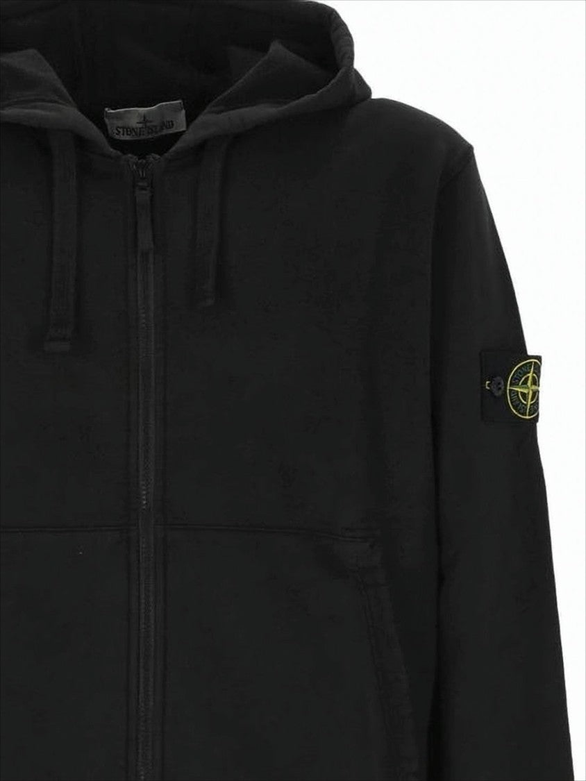 Stone Island Black Zip-Up Hoodie With Distinctive Patch Logo