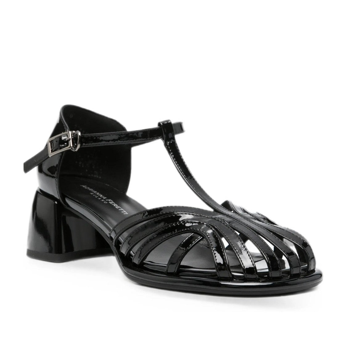 Adrianna Feretti Black Mid-Height Block Heel T-Strap Patent Sandals